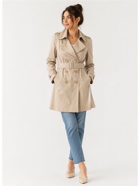Vertigo Paris Beige Belted Trench Coat Leopard Print Lining Size Large